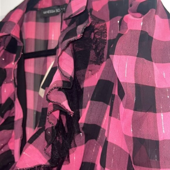 Vanessa Scott pink ruffle tunic dress tartan print long sleeves dress size L - Picture 6 of 13